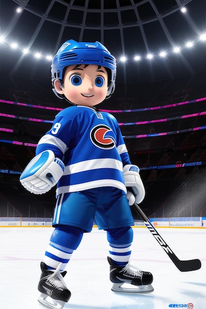 Dessin animé mignon jeune joueur de hockey sur fond de stade Generative AI