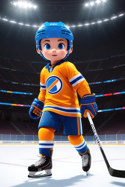 Dessin animé mignon jeune joueur de hockey sur fond de stade Generative AI