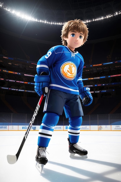 Dessin animé mignon jeune joueur de hockey sur fond de stade Generative AI