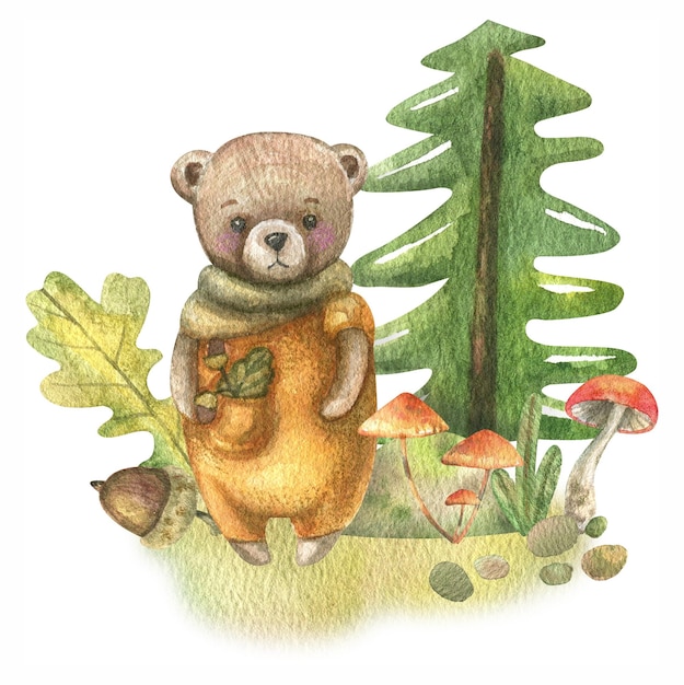 Dessin animé mignon ours, herbes forestières, fleurs, arbres, feuilles, peint à l'aquarelle.