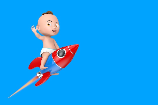 Dessin animé mignon petit garçon volant sur la fusée jouet de l'enfant sur un fond bleu. Rendu 3D