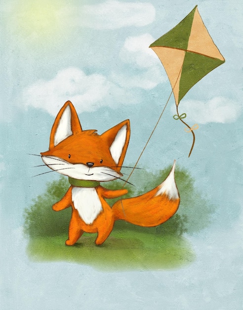 dessin animé d'un mignon petit renard jouant avec un cerf-volant, un plaisir d'été bushman