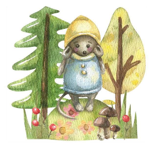 Dessin animé mignon petite souris et forêt d'automne faite d'herbe, de fleurs, de champignons, d'arbres, de feuilles.