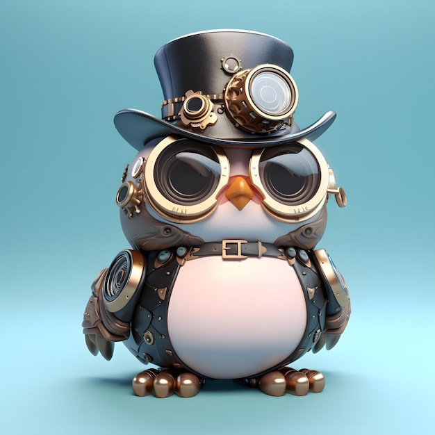 Dessin animé mignon de pingouin 3D en chapeau steampunk et verre google