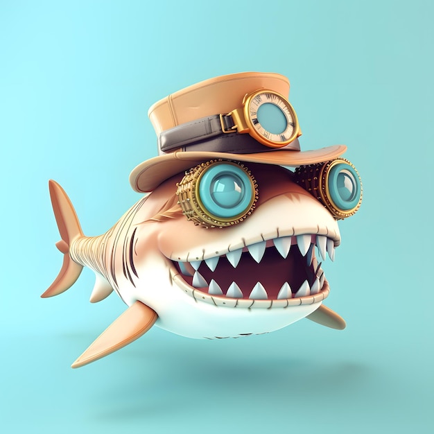 Dessin animé mignon de requin 3D en chapeau steampunk et verre google