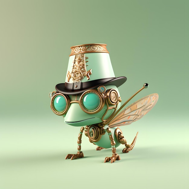 Dessin animé mignon de sauterelle 3D en chapeau steampunk et verre google