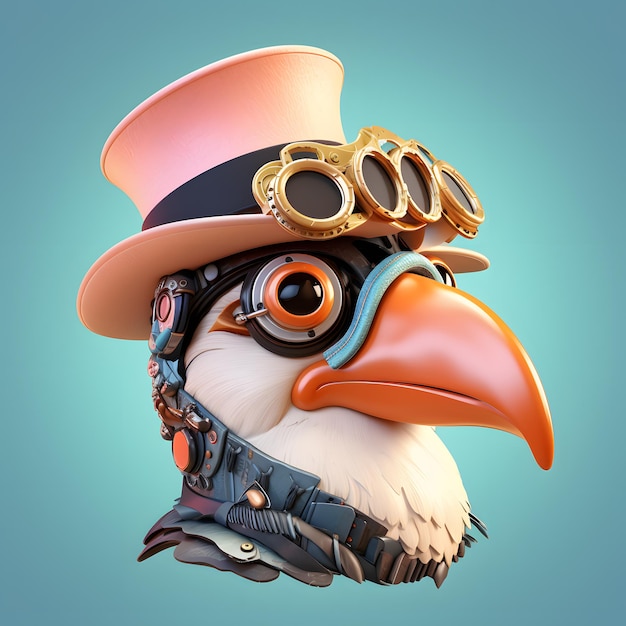 Dessin animé mignon toucan 3D dans un chapeau steampunk google glass