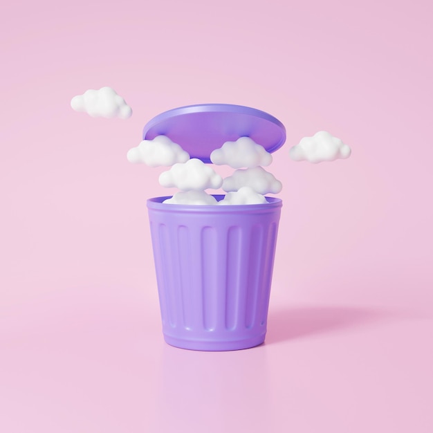 Dessin animé minimal ouvert pourpre poubelle nuages sortie flottant sur fond pastel rose environnement concept air déchets copie espace bin illustration de rendu 3d