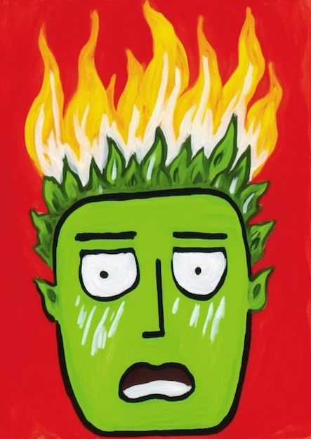 Un dessin animé d'un monstre vert avec une flamme sur la tête.