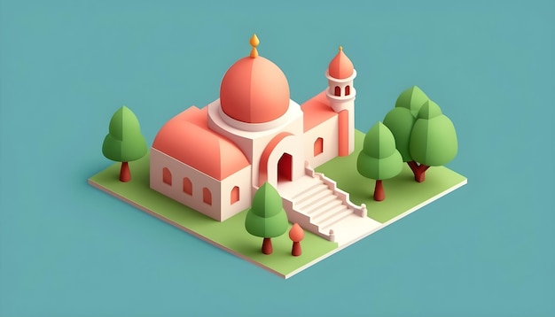 un dessin animé d'une mosquée avec des arbres et un fond bleu