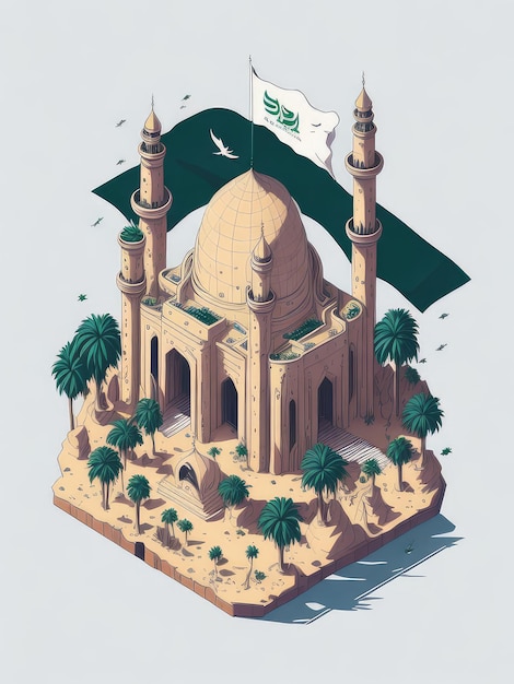 Un dessin animé d'une mosquée avec un drapeau dessus
