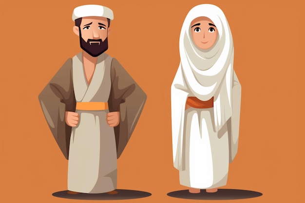 Dessin animé musulman homme et femme portant des vêtements ihram générative ai