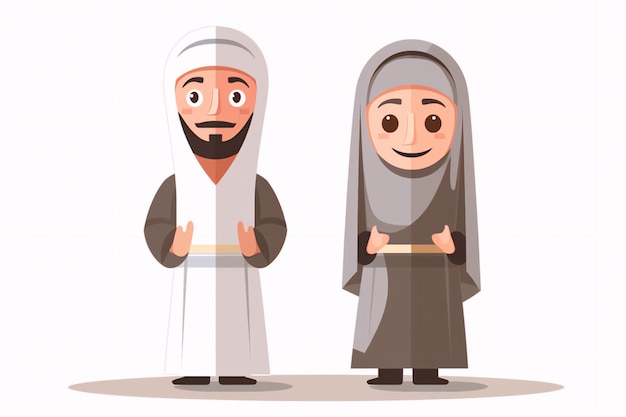 Dessin animé musulman homme et femme portant des vêtements ihram générative ai