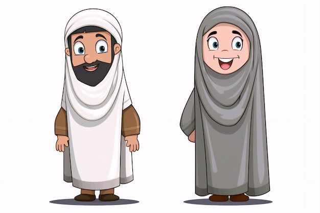 Dessin animé musulman homme et femme portant des vêtements ihram générative ai
