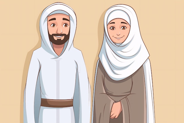 Dessin animé musulman homme et femme portant des vêtements ihram générative ai
