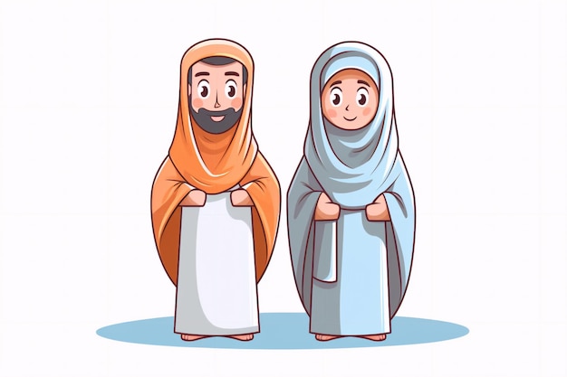 Dessin animé musulman homme et femme portant des vêtements ihram générative ai