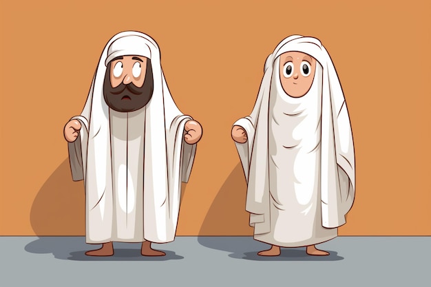 Dessin animé musulman homme et femme portant des vêtements ihram générative ai