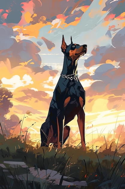 dessin animé noir et marron Doberman illustration chien mignon animal de compagnie canin