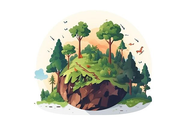 Photo un dessin animé d'un paysage rocheux avec des arbres et des oiseaux.
