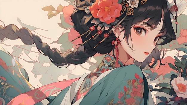 Dessin animé peint à la main belle animation illustration de fille de costume chinois