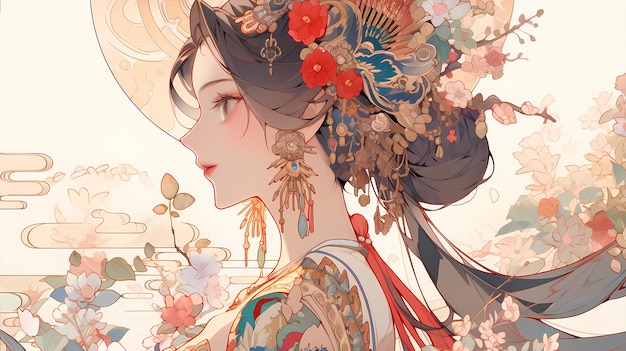 Dessin animé peint à la main belle animation illustration de fille de costume chinois