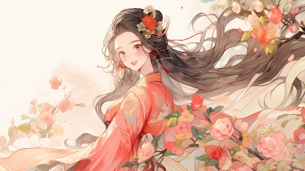 Dessin animé peint à la main belle animation illustration de fille de costume chinois