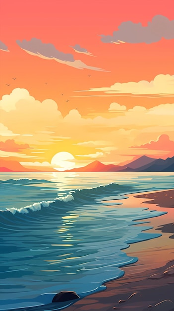 Dessin animé peint à la main belle illustration du paysage marin sous le coucher du soleil