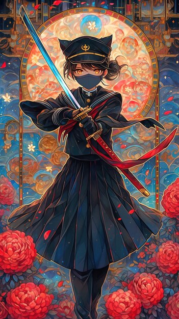 Photo un dessin animé d'un personnage d'anime féminin avec une épée et une fleur rouge