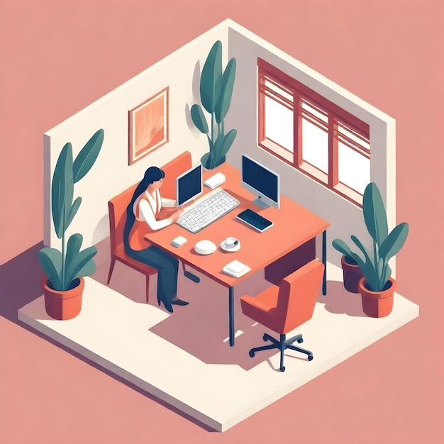 un dessin animé d'une personne travaillant à un bureau avec un ordinateur portable et une plante en pot