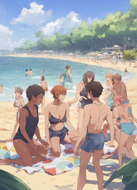 Photo un dessin animé de personnes à la plage avec le mot 