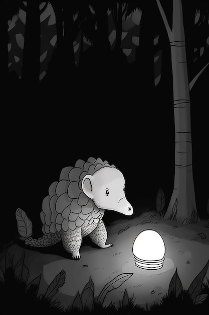 dessin animé d'un petit animal debout à côté d'une lumière dans l'obscurité