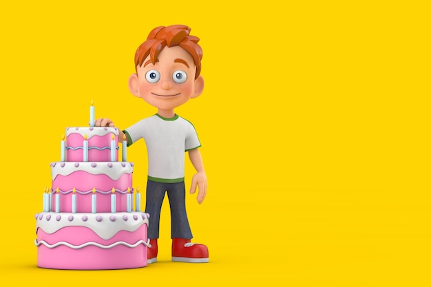 Dessin animé petit garçon adolescent personnage mascotte avec anniversaire dessin animé dessert gâteau à plusieurs niveaux et bougies rendu 3d