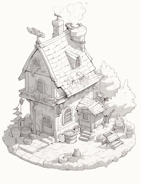 dessin animé d'une petite maison avec une cheminée et une cheminée générative ai