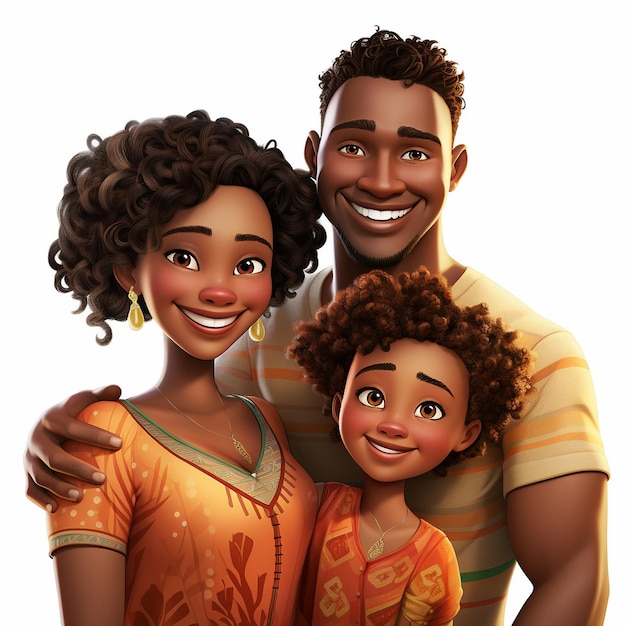 Un dessin animé Pixar de la famille mignonne afro-américaine sur fond blanc