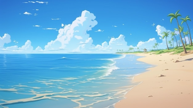 dessin animé Une plage avec un ciel bleu et l'océan et les mots plage dessus