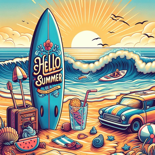 Photo un dessin animé d'une planche de surf avec le mot hello summer dessus