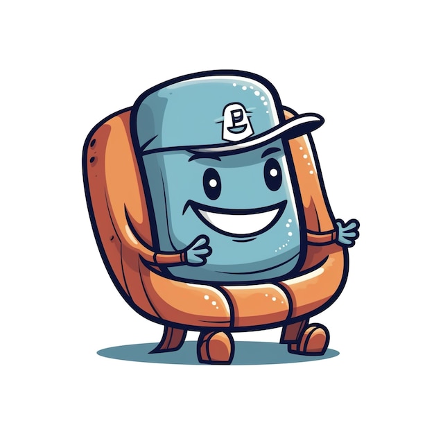 Un dessin animé plat d'une mascotte de baseball de style américain qui a la forme d'une chaise