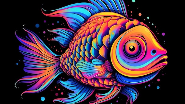 Dessin animé de poisson trippy psychédélique des années 70 style rave couleur acide concept Retrowave