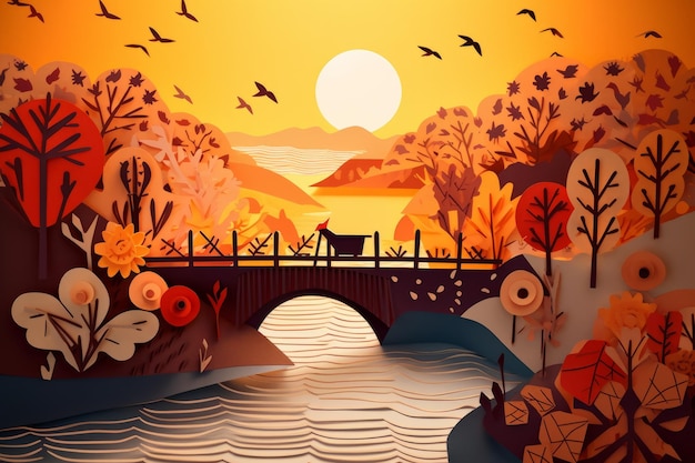 Un dessin animé d'un pont avec un chien dessus.