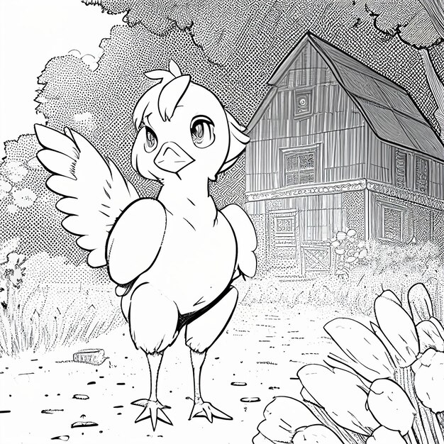 dessin animé d'un poulet debout devant une grange avec une maison en arrière-plan