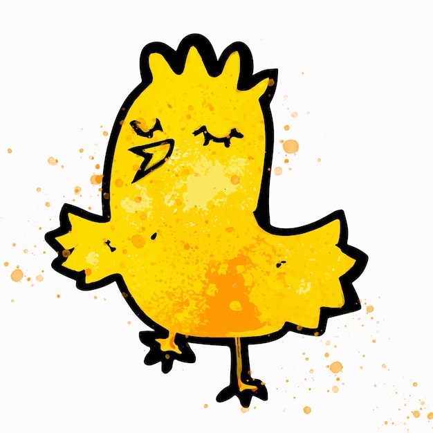 Un dessin animé d'un poulet jaune avec le mot poulet dessus.