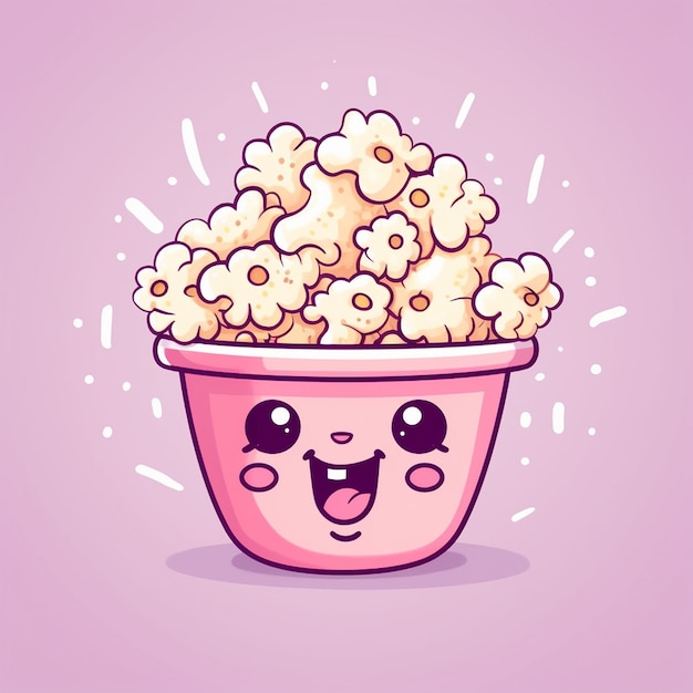 Photo un dessin animé d'un récipient rose avec du pop-corn dedans.