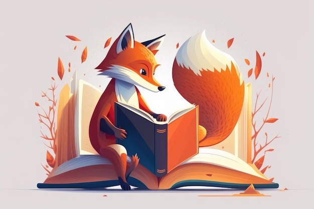 Un dessin animé d'un renard lisant un livre.