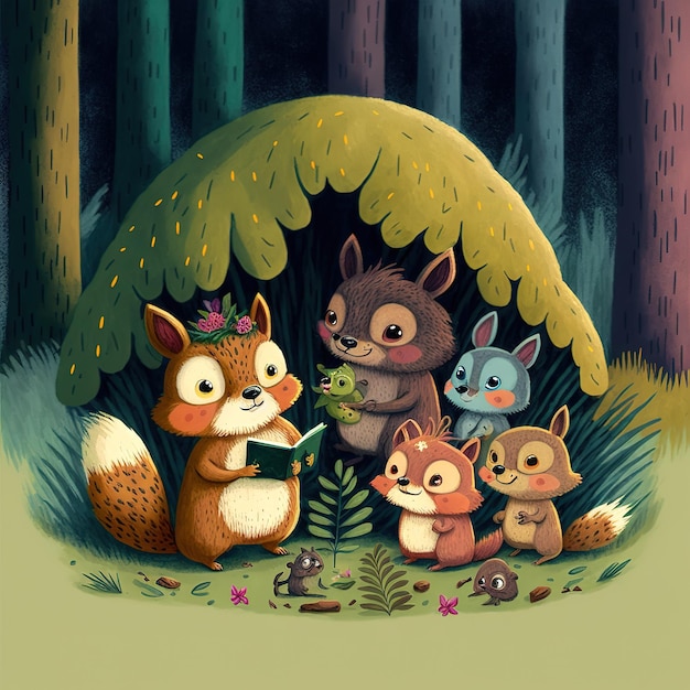 Un dessin animé d'un renard et d'un renard dans une forêt