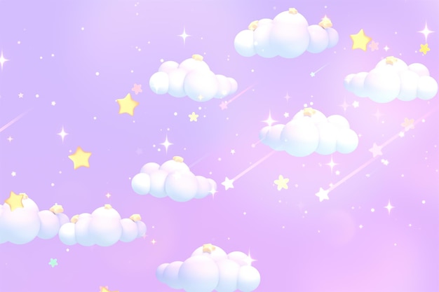 Dessin animé rendu 3d étoiles filantes lavande violet ciel.
