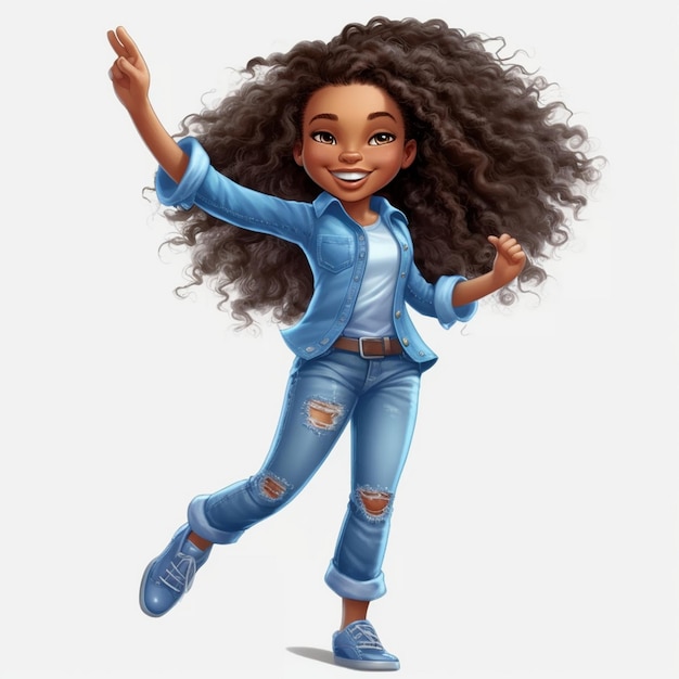 un dessin animé représentant une fille avec une chemise bleue et un jean.