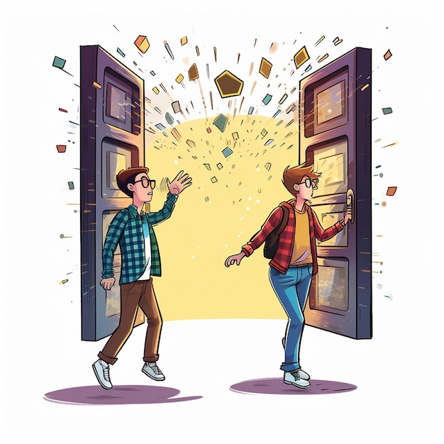 un dessin animé représentant un homme et un garçon regardant par une porte.