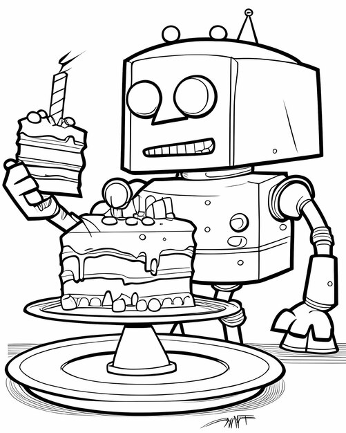 Photo dessin animé d'un robot qui apprécie un gâteau en 3 couches