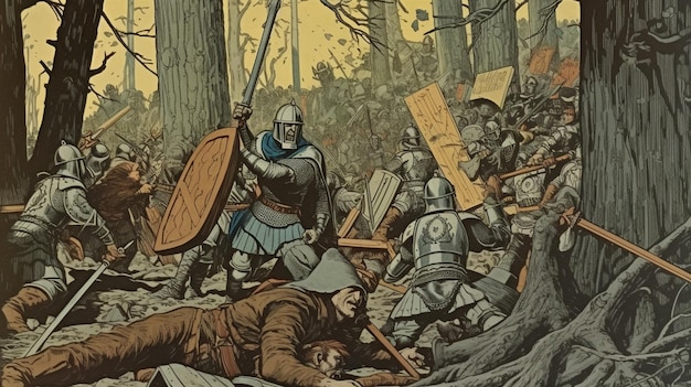 Un dessin animé d'une scène de bataille avec un groupe de chevaliers combattant.