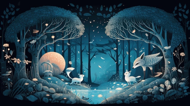 Un dessin animé d'une scène de forêt avec une scène de forêt et un renard et une maison avec une lanterne.